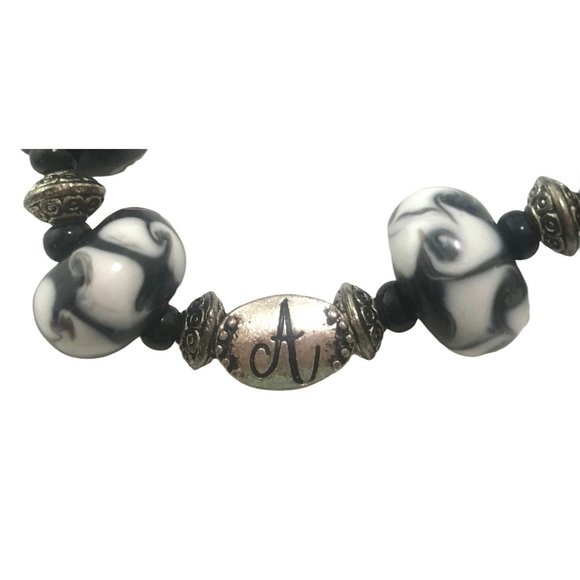 Handmade Black and White Lampwork Glass Bead Stretch Bracelet Letter A Charm - Picture 4 of 5